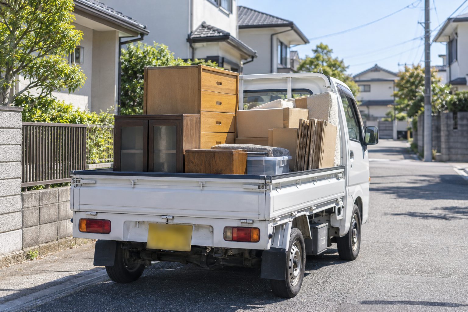 白い軽トラックの荷台に、たんすや段ボールを積んだイメージ写真